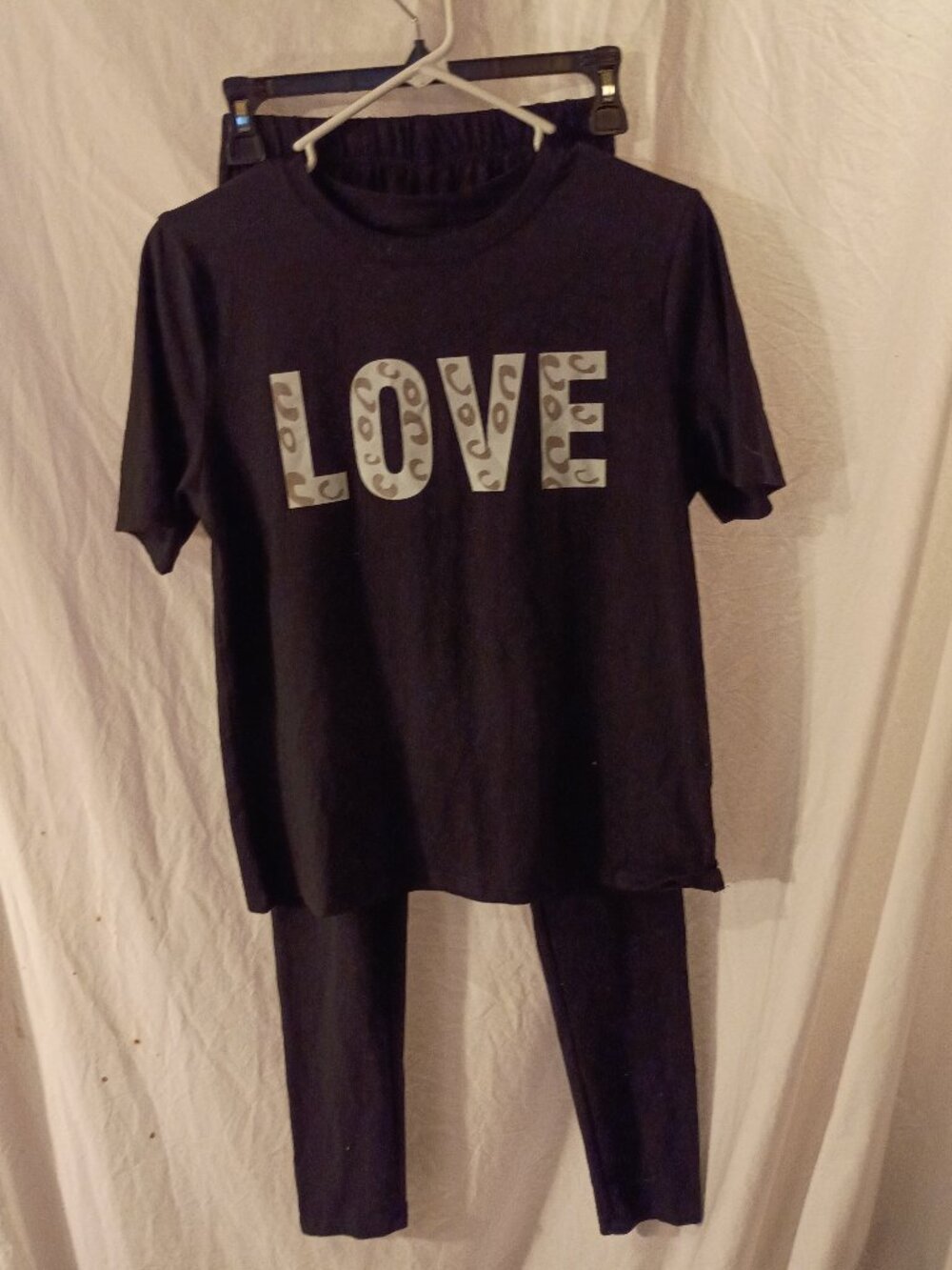 NWOT! Women's Small Black Short Sleeve Top with Leggings that both say LOVE